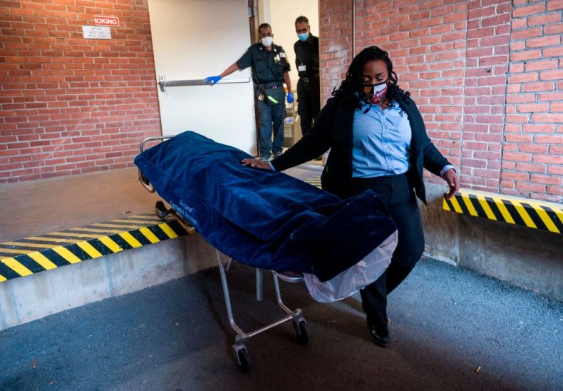 A suspected COVID-19 positive body is moved