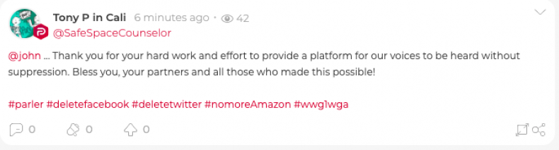 Parler Social Media User Writes Support Message