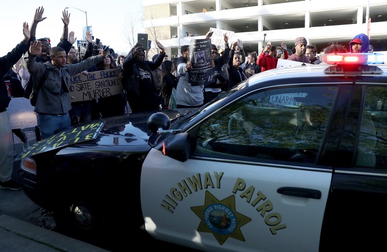 California Highway Patrol car Sacramento protests 2018