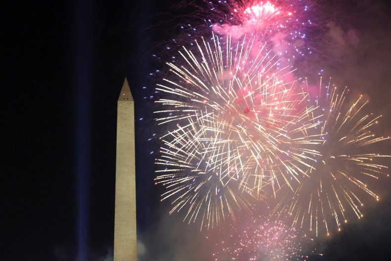 Fireworks explode near the Washington Monument