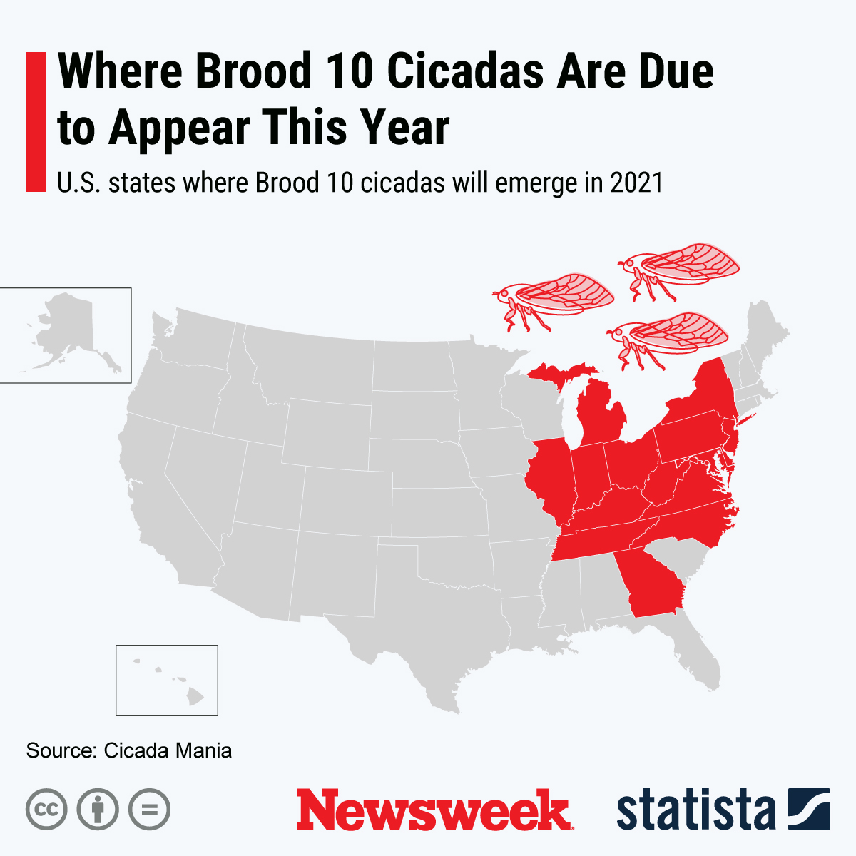 Urban Wildlife Guide Cicadas Are Coming   Cicada Map Brood 10 Brood X Statista 