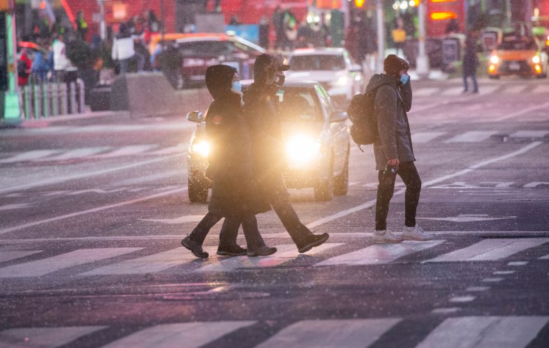Times Square NYC winter storm January 2021