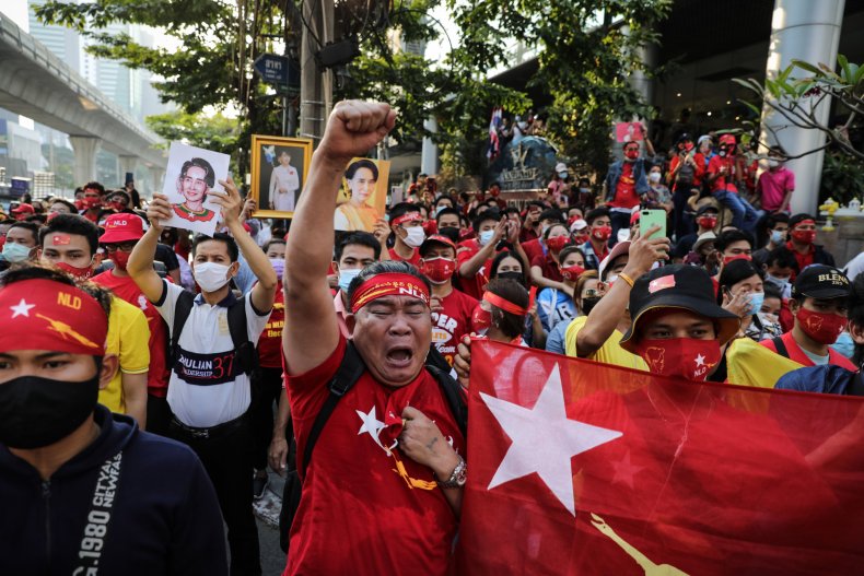 Myanmar protesters against military coup in Bagkok