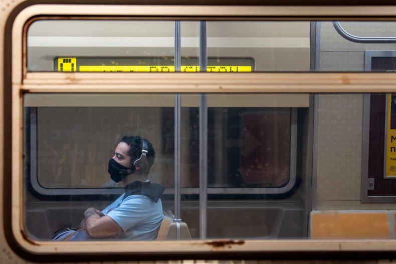 A man wearing a facemask on train
