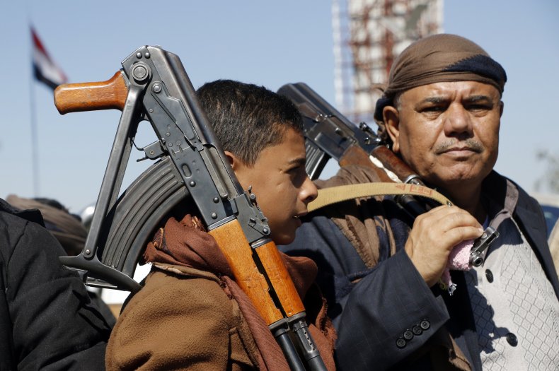 Houthi supporters gather in Sanaa Yemen war