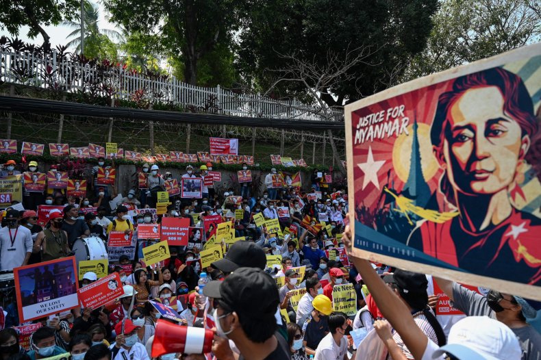 Protesters in Yangon, Myanmar, outside U.S. embassy