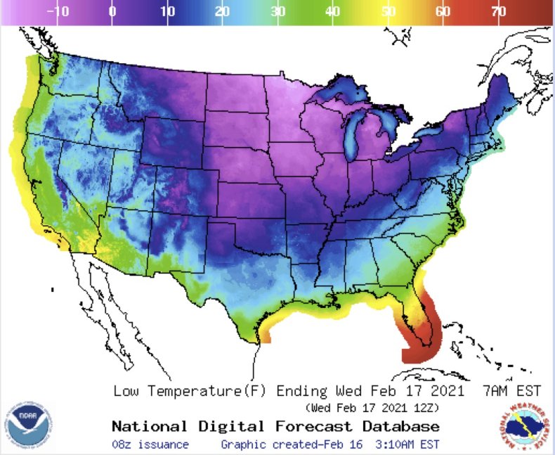 Winter Storm Weather Map showing Cold Temperatures