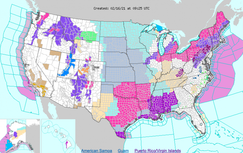 Snow Ice Winter Storm Weather Warning Map