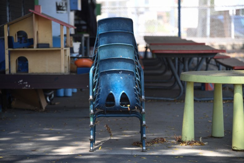 Chairs are stacked at a public elementary