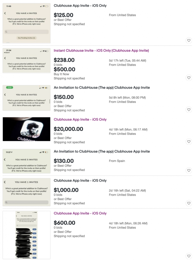 eBay listing for Clubhouse invites