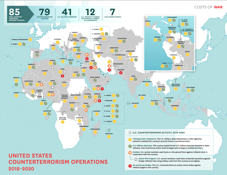 costs, war, map, US, counterterrorism, countries
