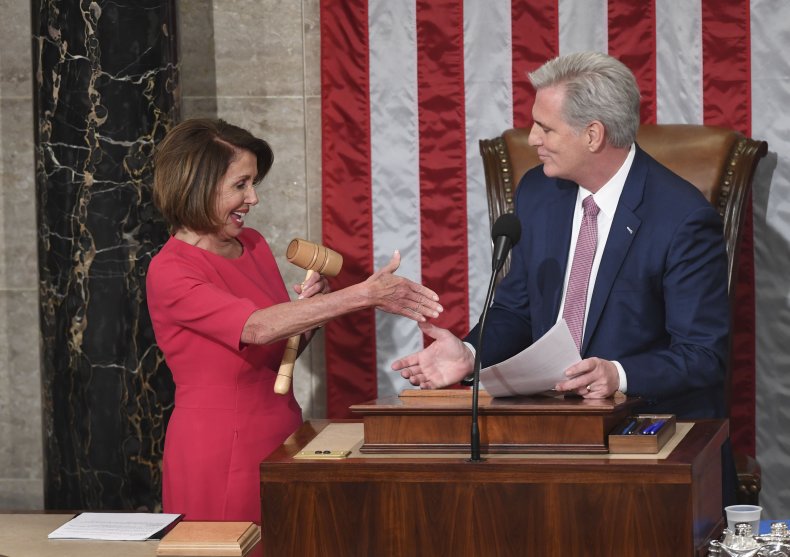 Nancy Pelosi and Kevin McCarthy shake hands