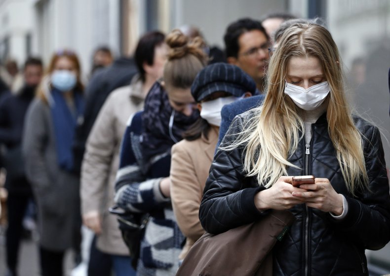 Line of people wearing face masks