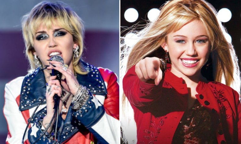 Miley Cyrus onstage and as Hannah Montana