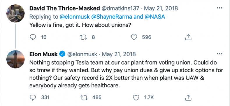 Elon Musk Union Tweet