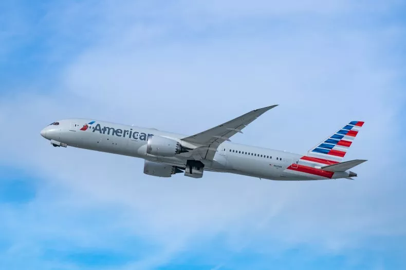 An American Airlines Boeing 787-9 takes off from Los Angeles international Airport on January 13 in Los Angeles. A woman was arrested for abusing attendants on a New York City–bound flight on Sunday.<br>
GETTY IMAGES/AARONP/BAUER-GRIFFIN
