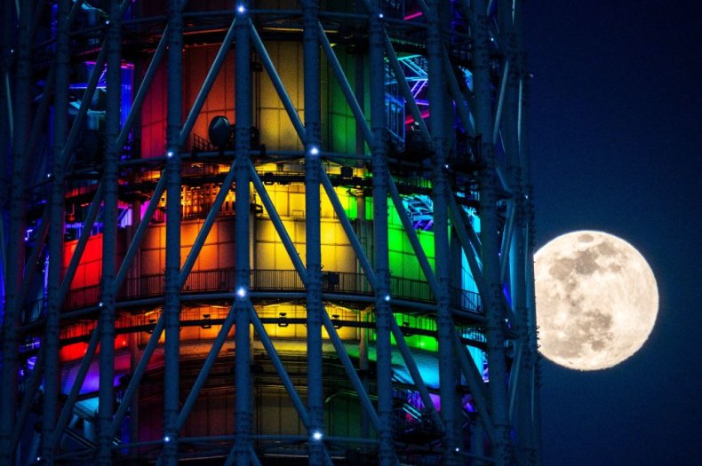 Pink moon behind Tokyo Skytree in Japan