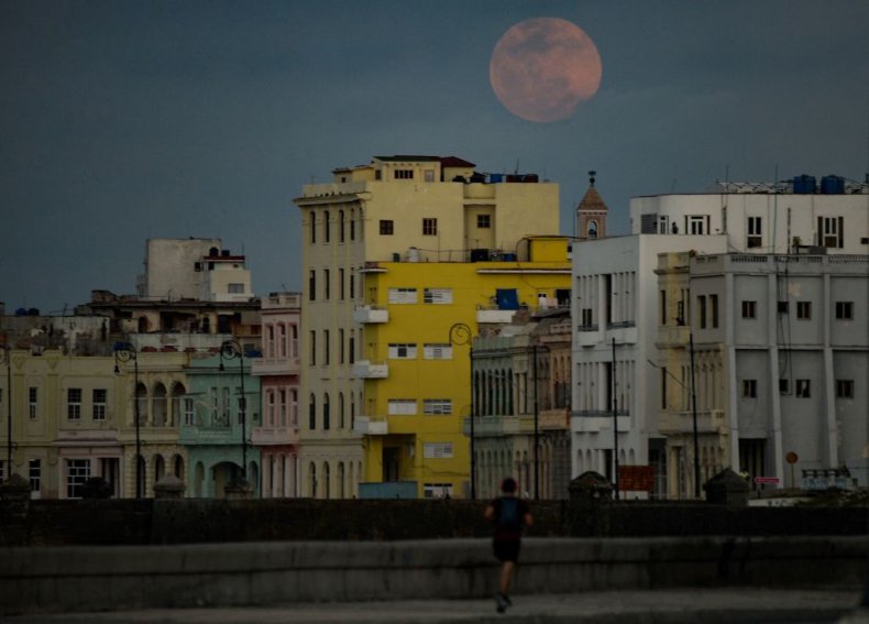 Pink moon rises over Havana, Cuba