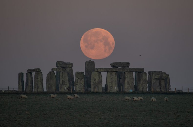 Pink moon over Stonehenge