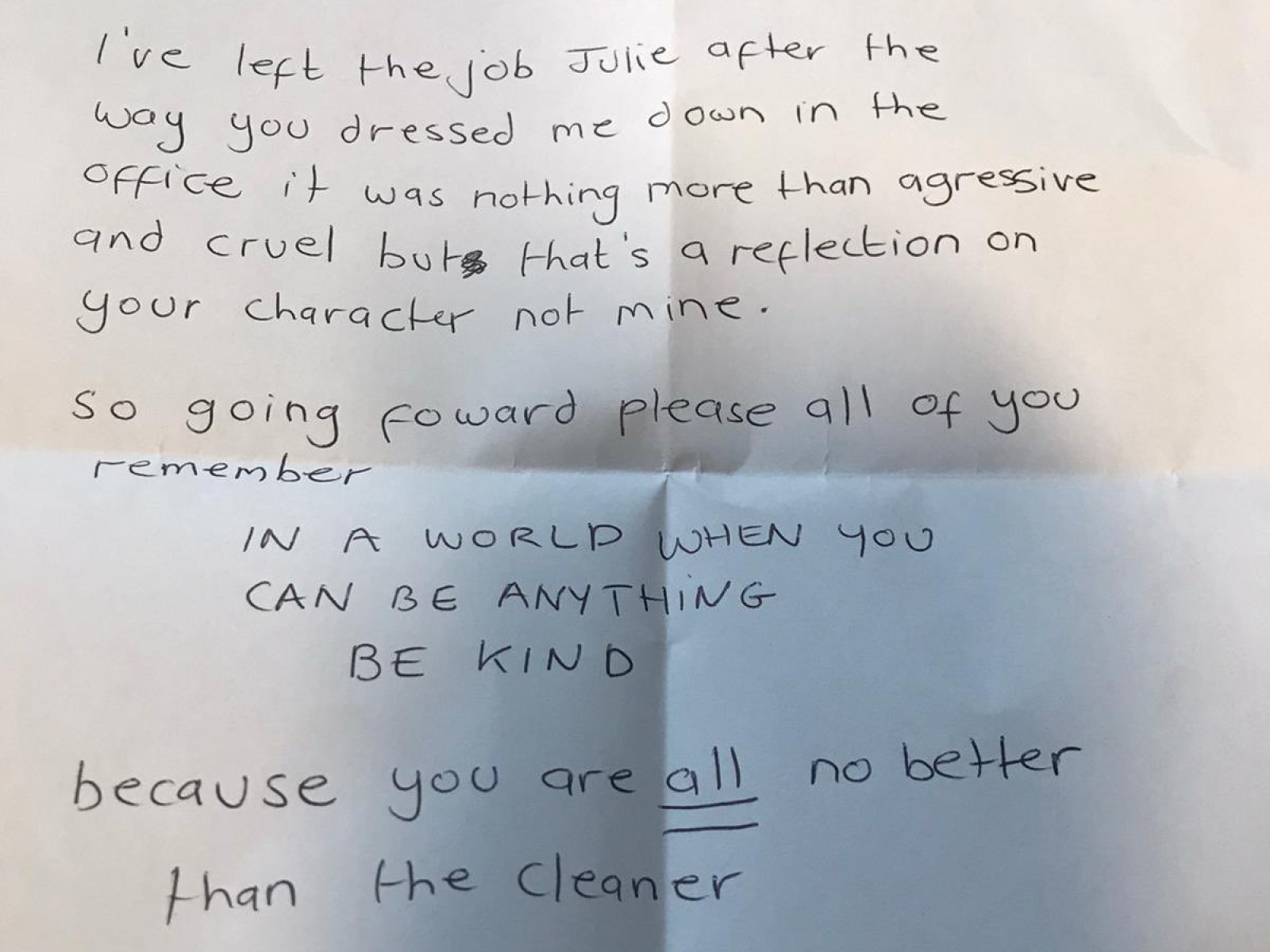 Cleaner S Resignation Letter To Awful Manager Goes Viral
