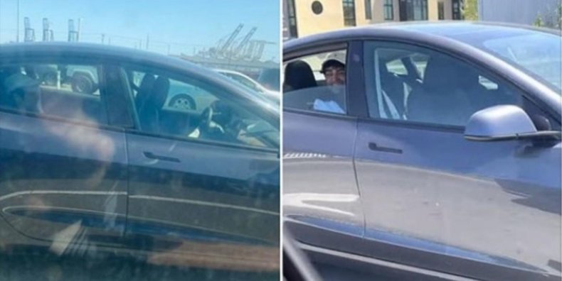 Man in backseat of self-driving Tesla.