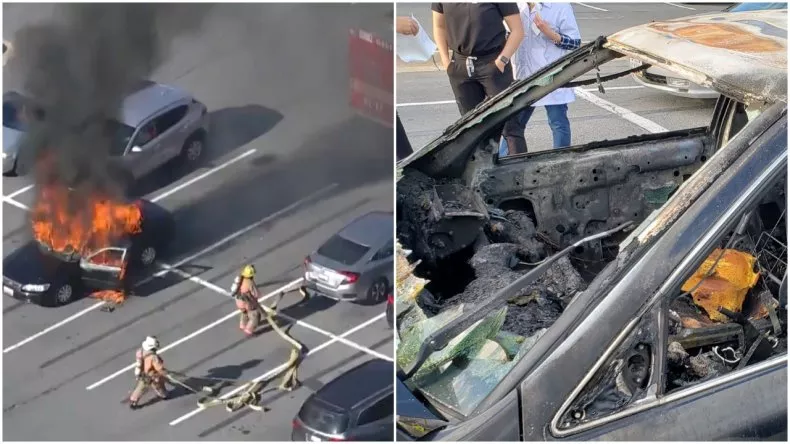 Firefighters prepare to extinguish the flames (left) Close up of the damage after driver smoking a cigarette set his car on fire (right)