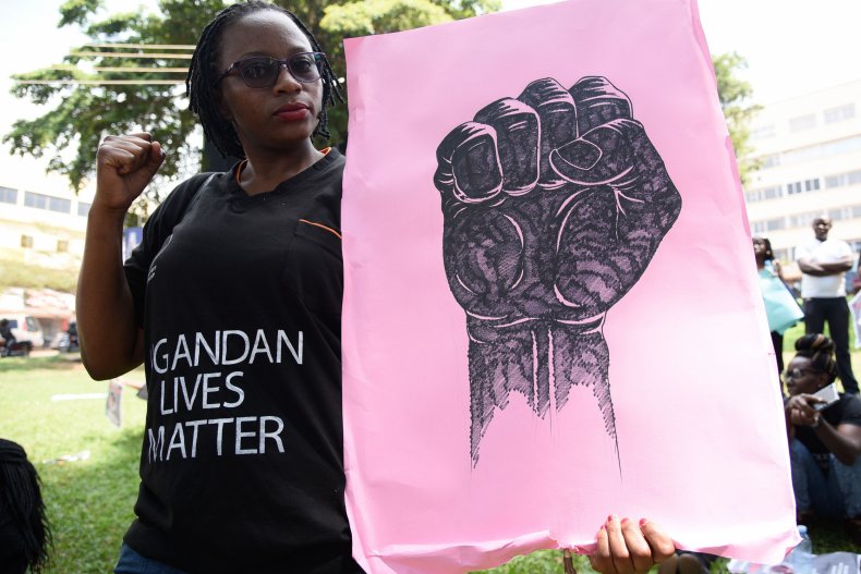 Protester attends women's march in Uganda