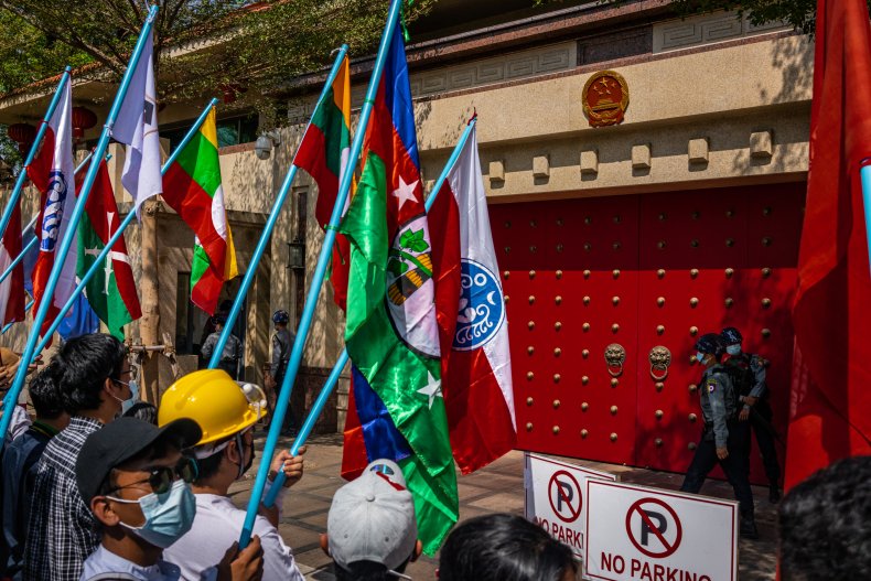 Myanmar, protests, at, Chinese, embassy, Yangon