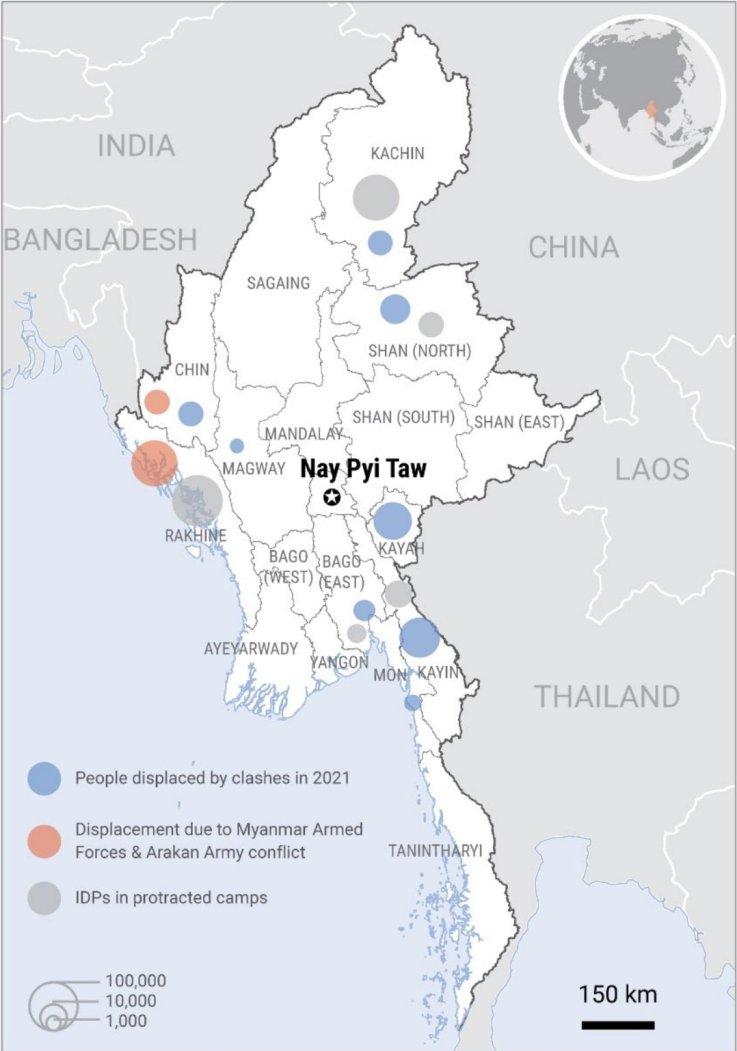 UN, humanitarian, office, map, Myanmar, conflict, displaced