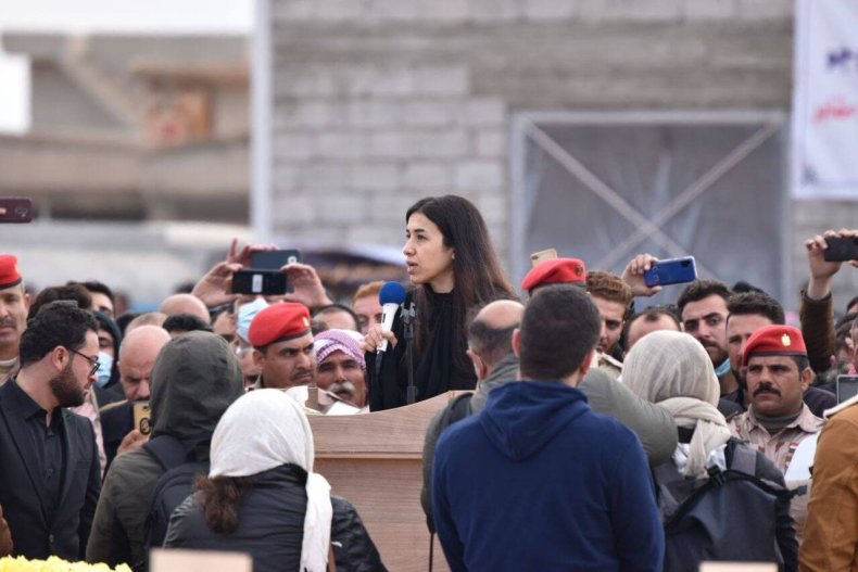 Nadia Murad speaking at the Kocho burial