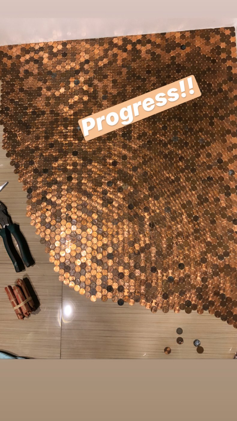 Jordan Darian's bathroom floor covered in pennies