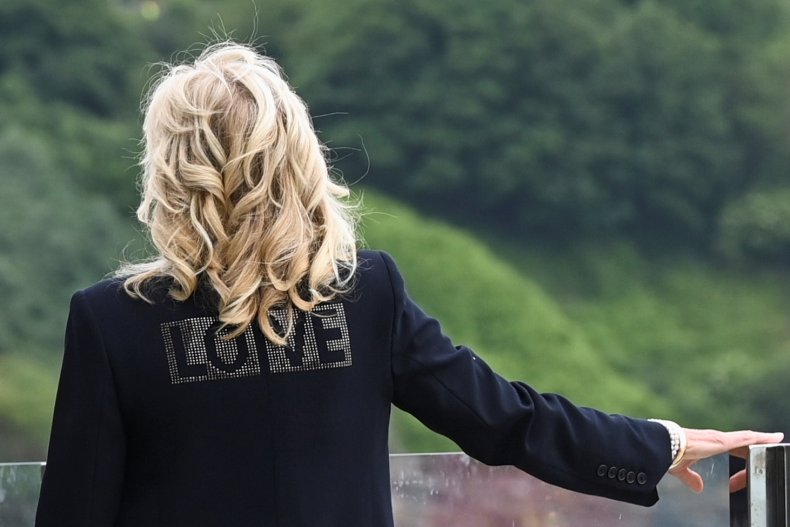 Jill Biden love jacket in Cornwall