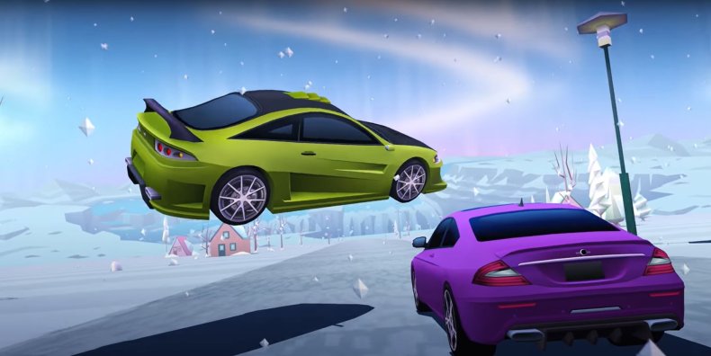 An Airborn Car Passes Over Another Vehicle