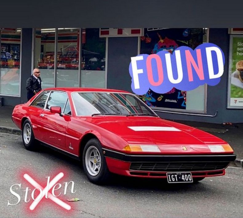 An Instagram post depicts a stolen Ferrari.