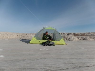 Jake Sansing by tent Jake Sansing by tent