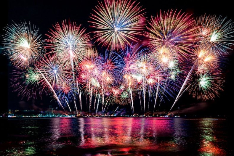 File photo of fireworks over a barge