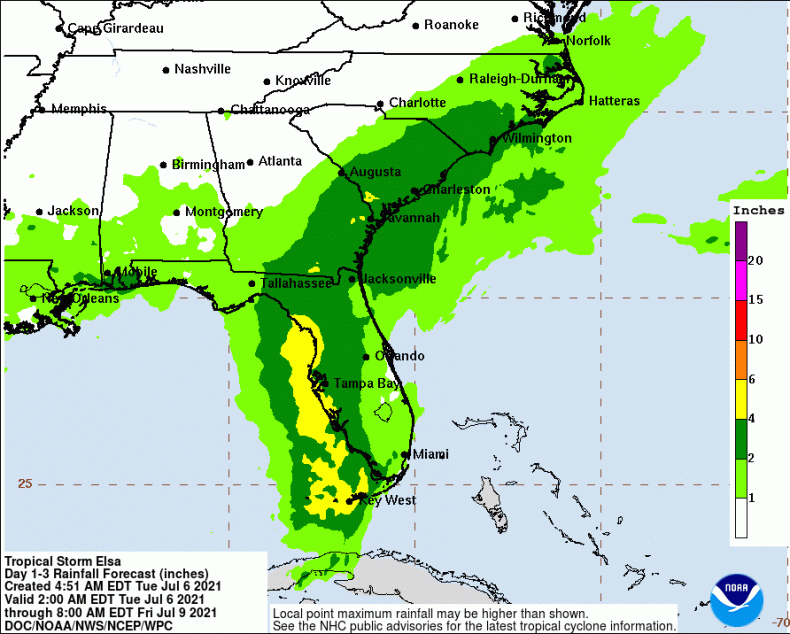 Rainfall map for Tropical Storm Elsa