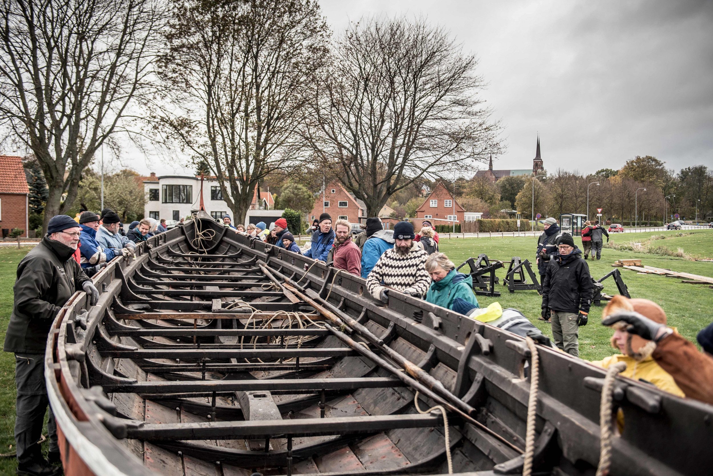 people handle reconstructed viking longship