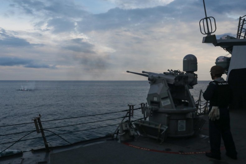 USS, Ross, fires, machine, gun, Black, Sea