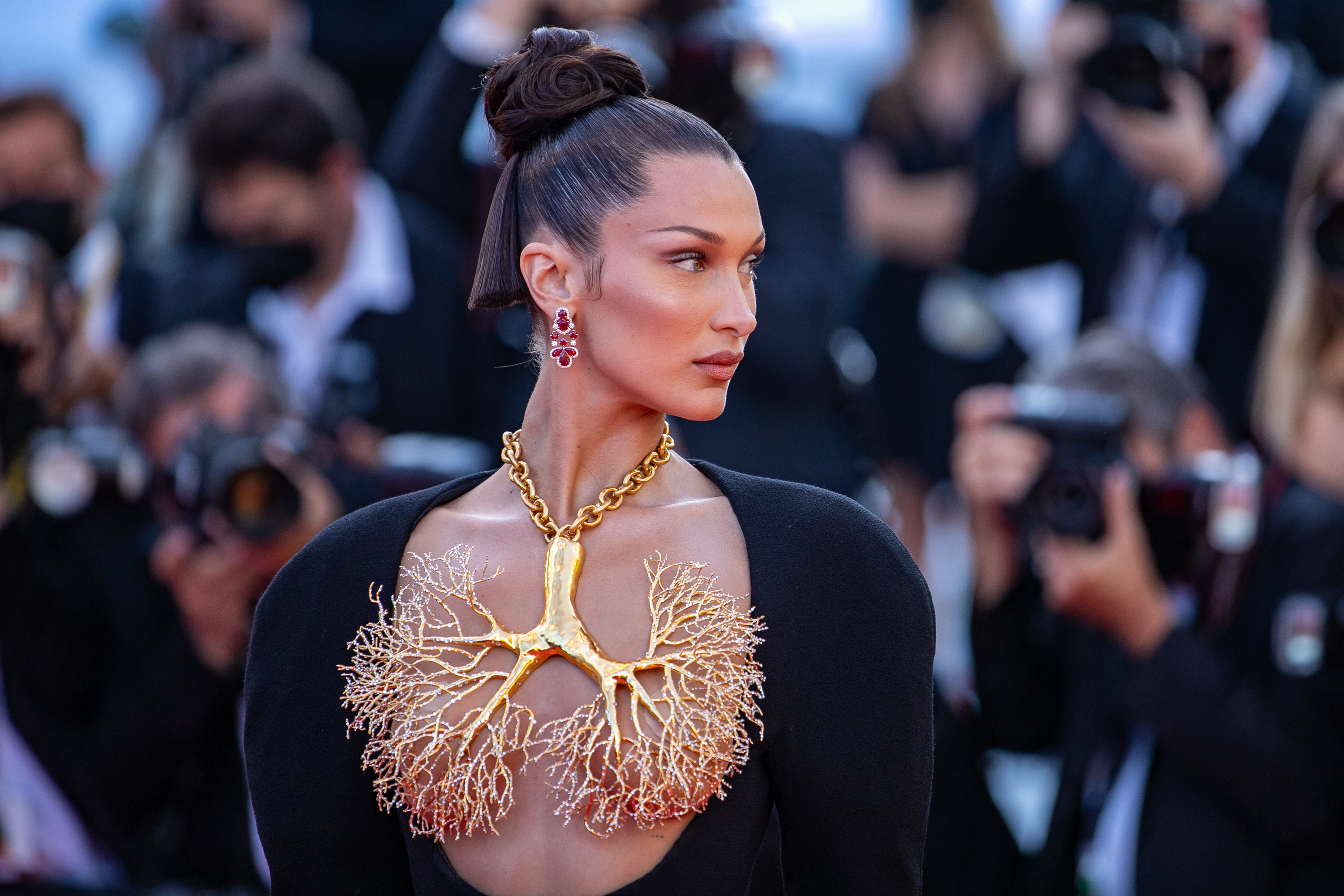 Bella Hadid Wears a Black and White Column Gown at Cannes Film Festival in  2021