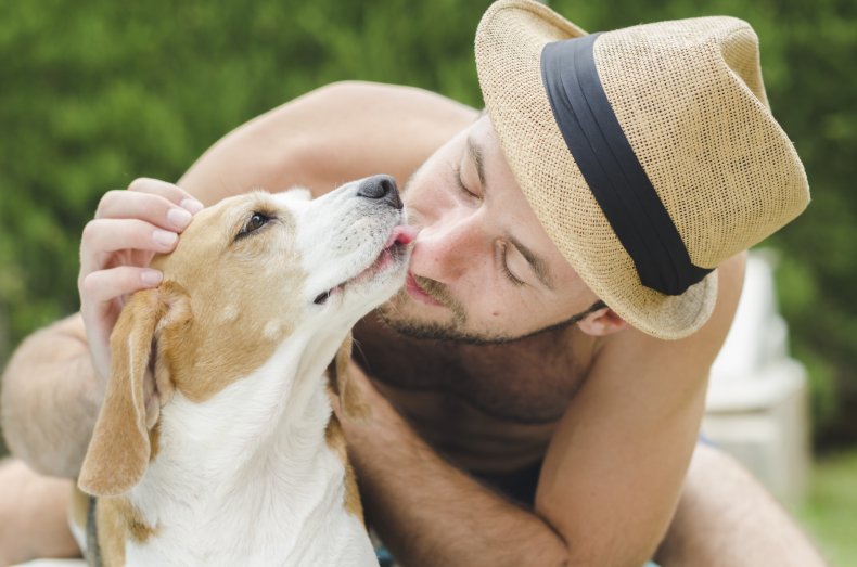 A man is kissed by his dog.