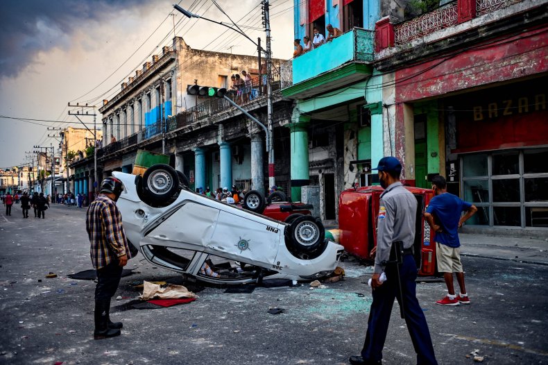 Cuban, protest, overturn, police, car, Havana