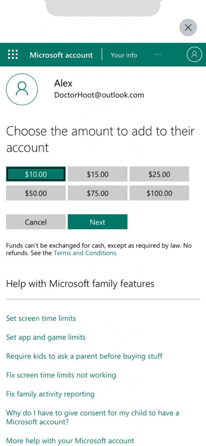 A Spending Allowance in Xbox Family Settings