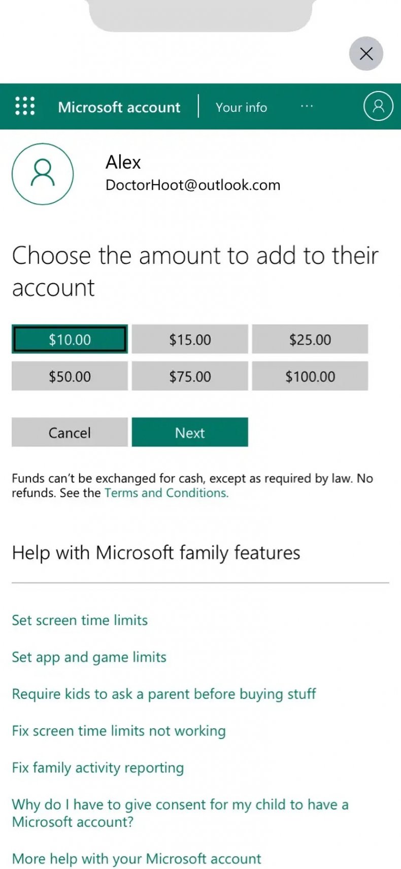 A Spending Allowance in Xbox Family Settings