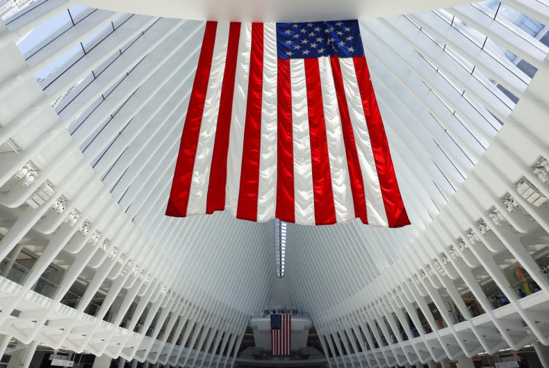 American flags hang inside the Oculus