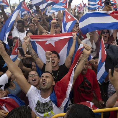 Protesters cheer during demonstration against Cuban regime