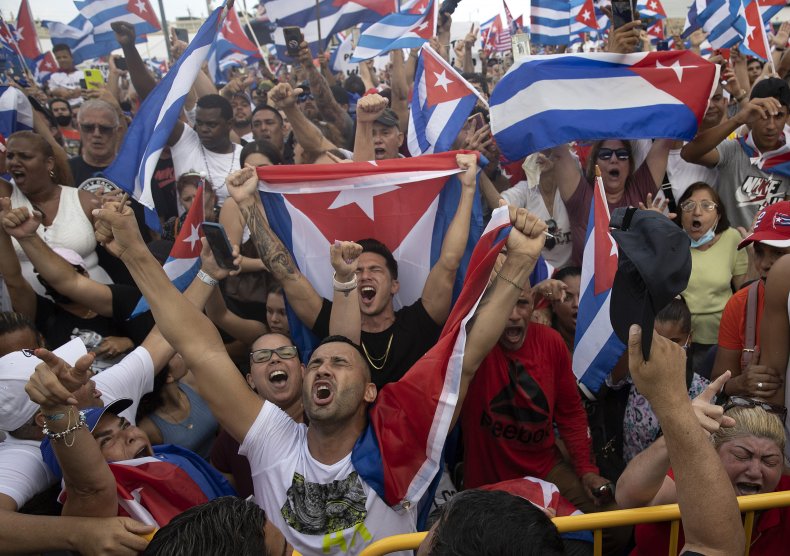Protesters cheer during demonstration against Cuban regime