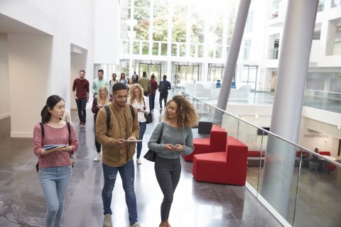 PLUS: college students talking in hall