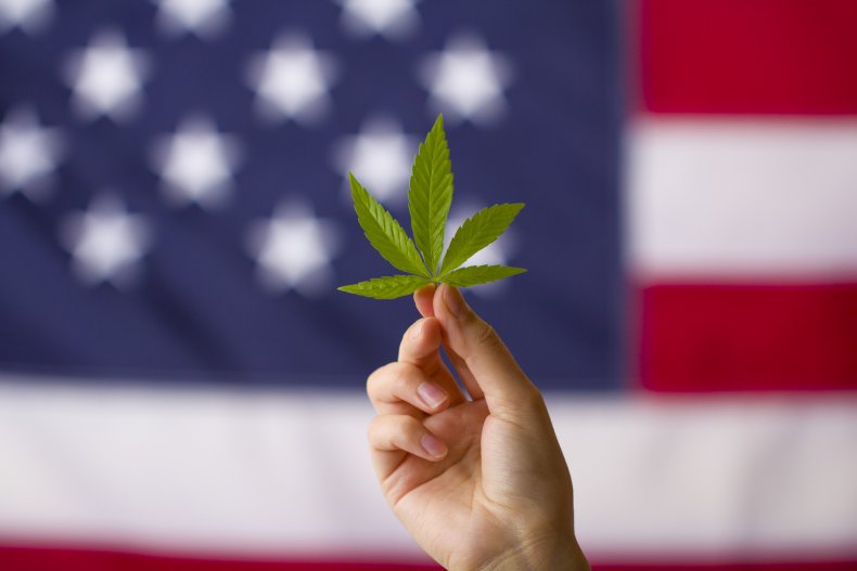 Cannabis leaf by U.S. flag