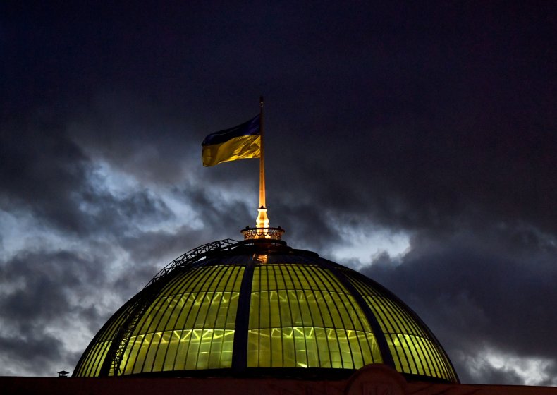A Ukrainian flag flies in the wind